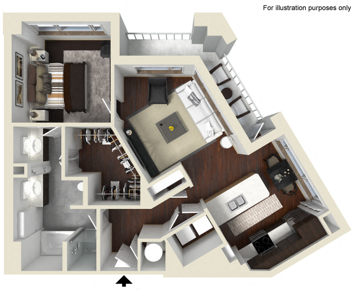 Floor plan for 1 bed, 1 bath, 905 sqft